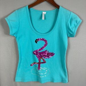 Vintage Charlotte Tarantola Baby Tee T-Shirt Women MED Blue Pink Sequin Flamingo